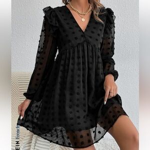 Shein Black Swiss Dot Lantern Sleeve Dress